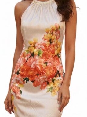 Cache Silk Floral Halter Dress Sleeveless Gold Metallic Choker Women’s Sz 8